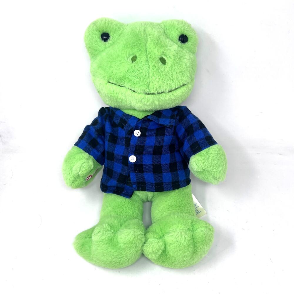Build A Bear Spring Frog Plush‎ Full Size 16" Blue Plaid Shirt 2021 BABW Lovey